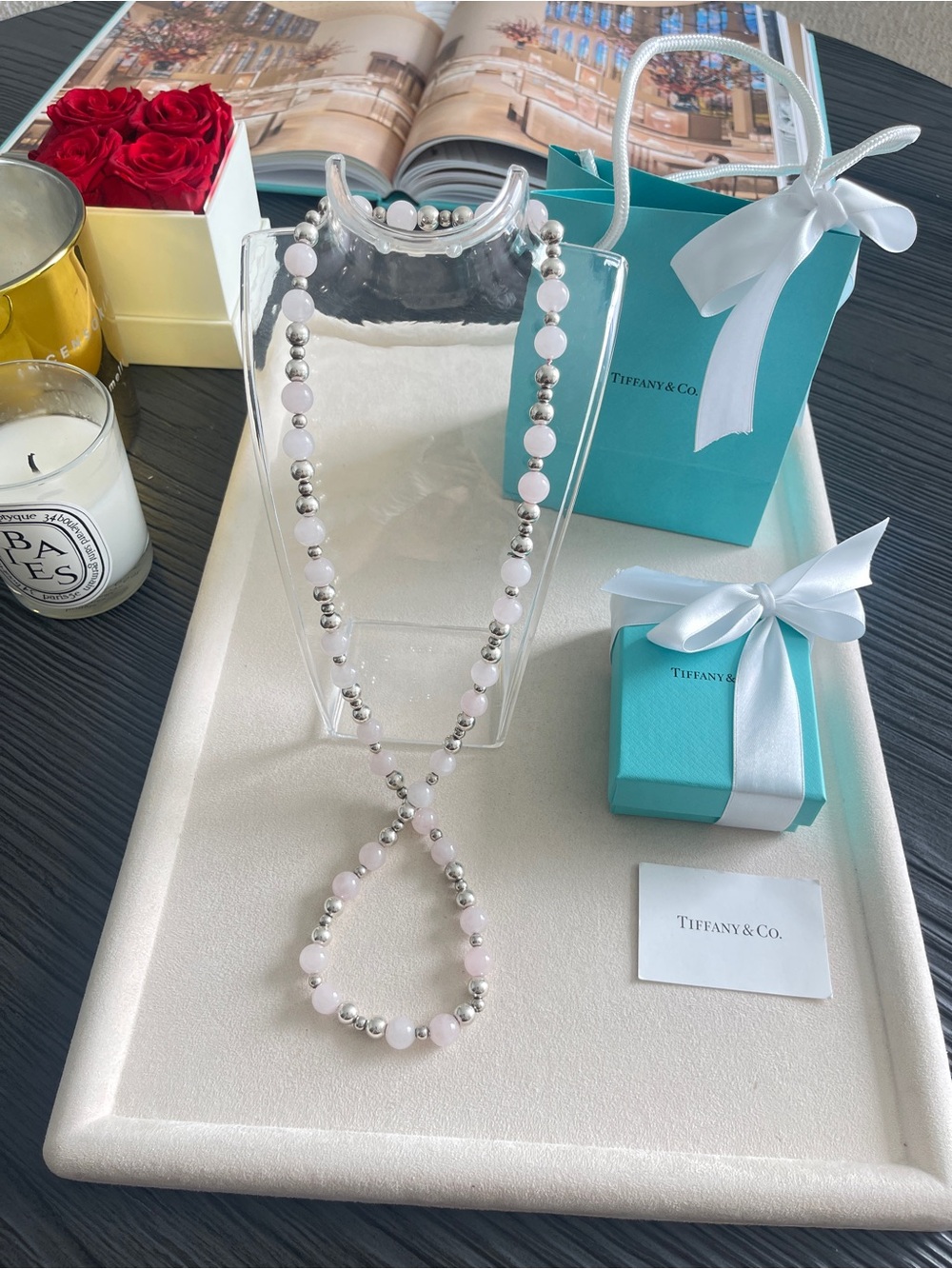 Tiffany & Co. Pink Quartz Sterling Silver Bead Necklace 30” Vintage